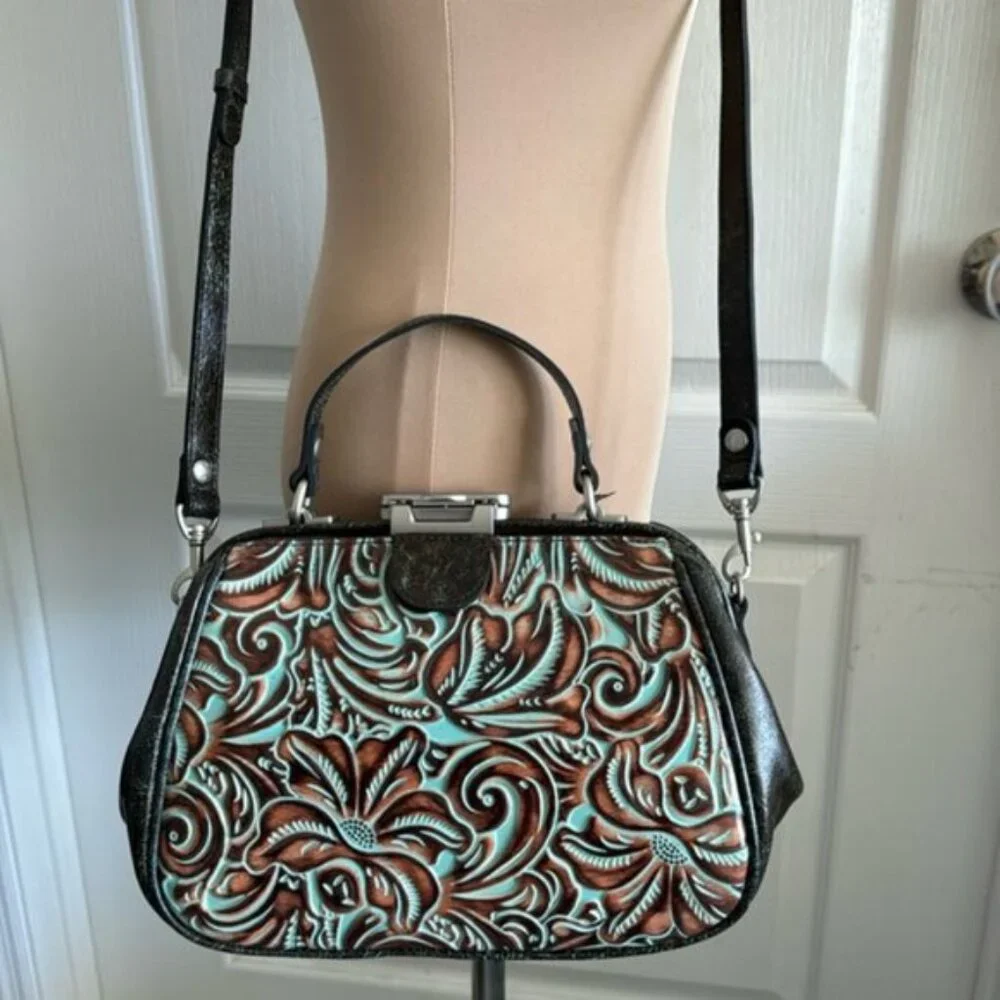 Patricia Nash Turquoise Framed Gracchi Tooled Brntl Leather Crossbody Handbag